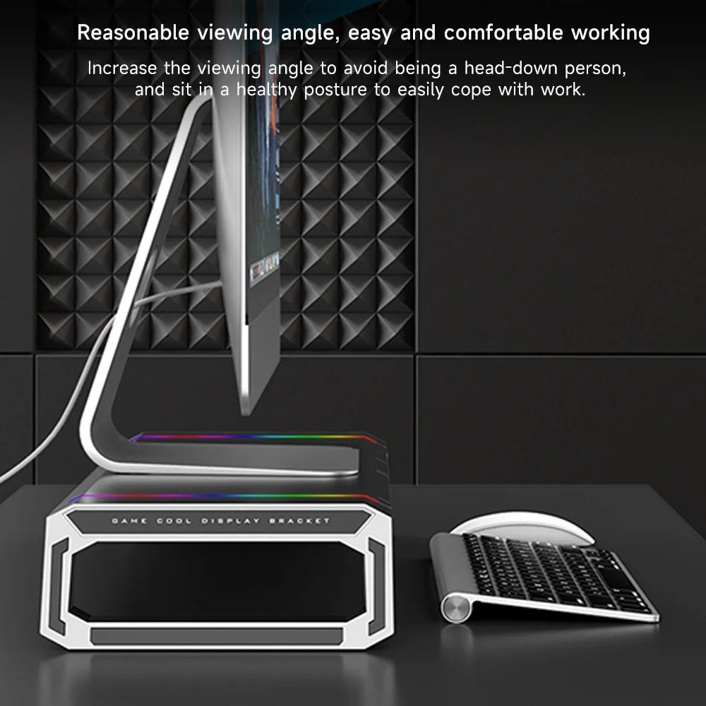RGB Computer Support Desk Monitor Stand with Storage Drawer Phone Holder USB 2.0/3.0 Interface Ports Desktop Organizer Shelf