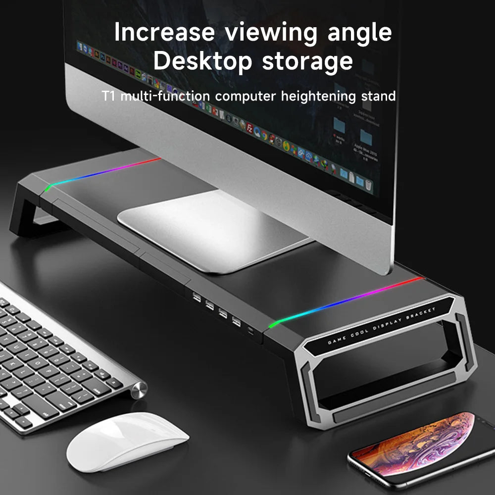 RGB Computer Support Desk Monitor Stand with Storage Drawer Phone Holder USB 2.0/3.0 Interface Ports Desktop Organizer Shelf