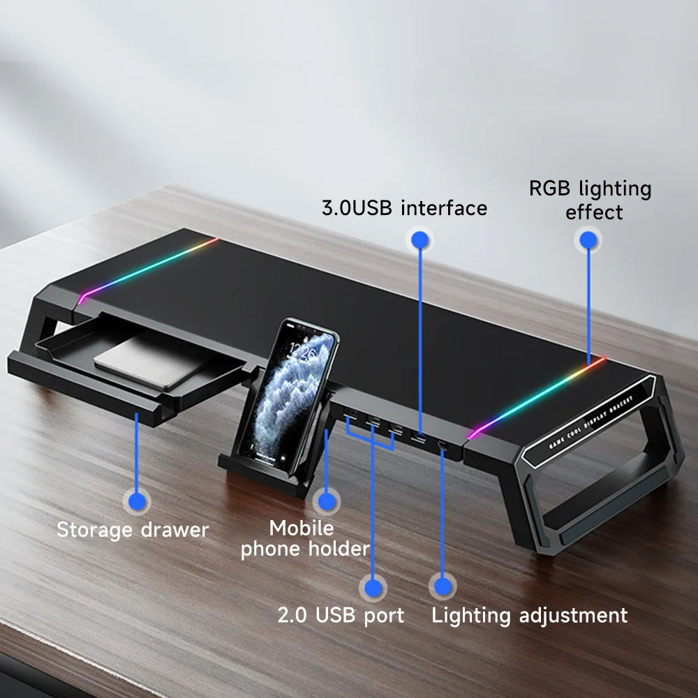 RGB Computer Support Desk Monitor Stand with Storage Drawer Phone Holder USB 2.0/3.0 Interface Ports Desktop Organizer Shelf
