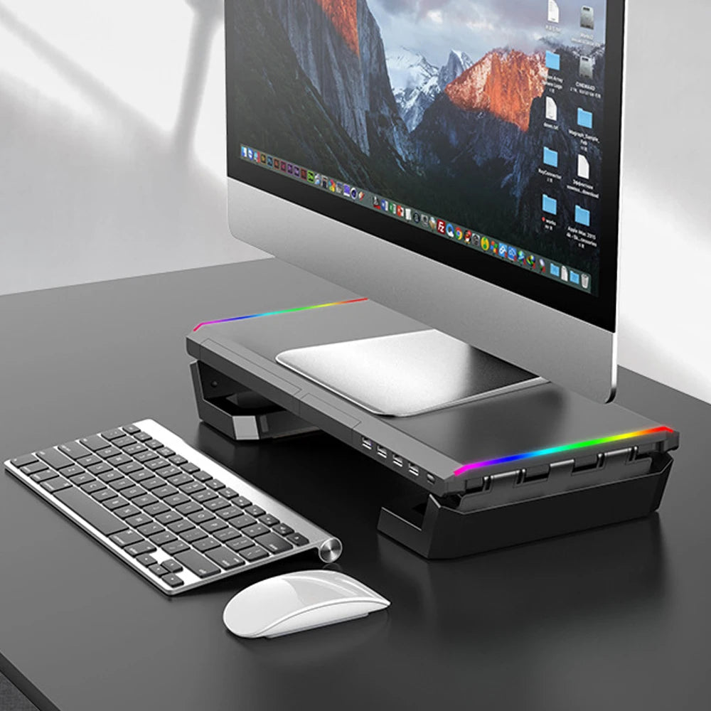 RGB Computer Support Desk Monitor Stand with Storage Drawer Phone Holder USB 2.0/3.0 Interface Ports Desktop Organizer Shelf
