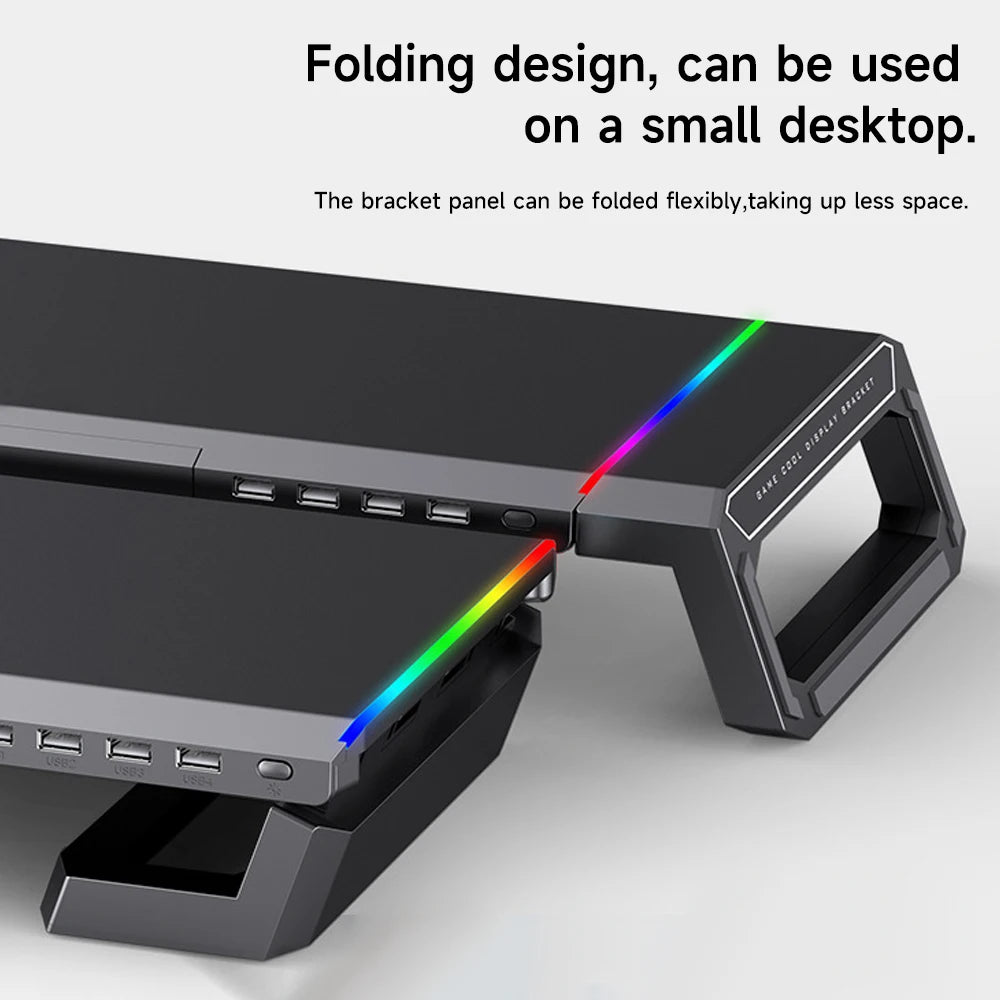 RGB Computer Support Desk Monitor Stand with Storage Drawer Phone Holder USB 2.0/3.0 Interface Ports Desktop Organizer Shelf