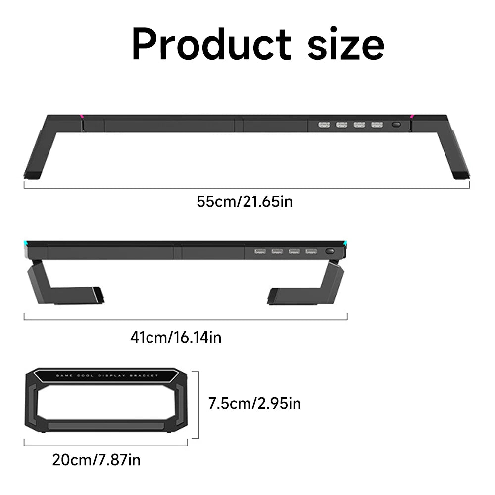 RGB Computer Support Desk Monitor Stand with Storage Drawer Phone Holder USB 2.0/3.0 Interface Ports Desktop Organizer Shelf