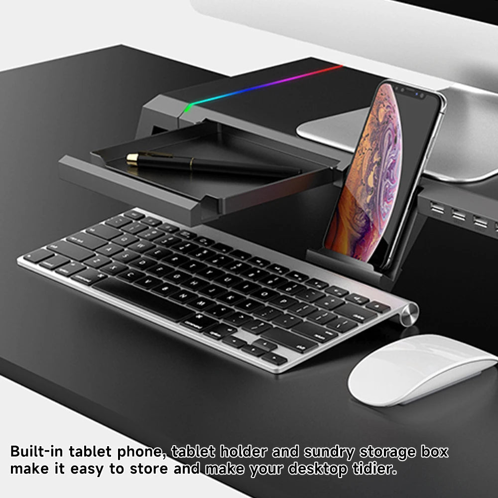 RGB Computer Support Desk Monitor Stand with Storage Drawer Phone Holder USB 2.0/3.0 Interface Ports Desktop Organizer Shelf
