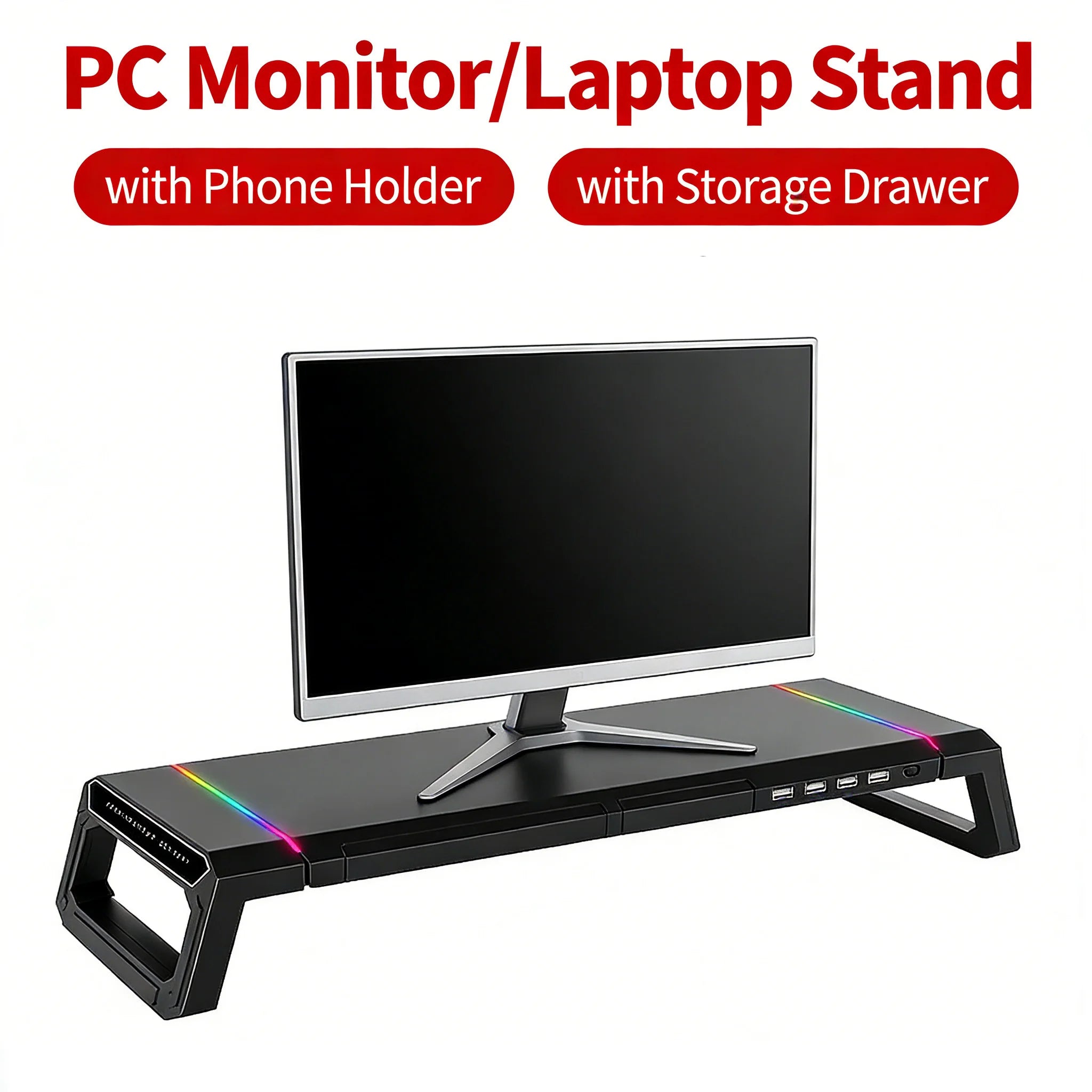 RGB Computer Support Desk Monitor Stand with Storage Drawer Phone Holder USB 2.0/3.0 Interface Ports Desktop Organizer Shelf