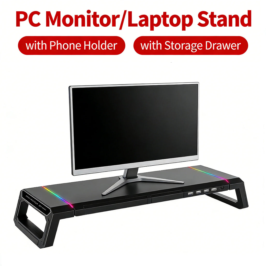RGB Computer Support Desk Monitor Stand with Storage Drawer Phone Holder USB 2.0/3.0 Interface Ports Desktop Organizer Shelf