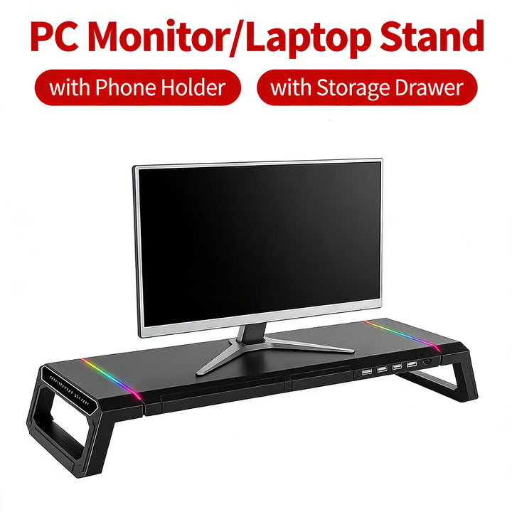 RGB Computer Support Desk Monitor Stand with Storage Drawer Phone Holder USB 2.0/3.0 Interface Ports Desktop Organizer Shelf