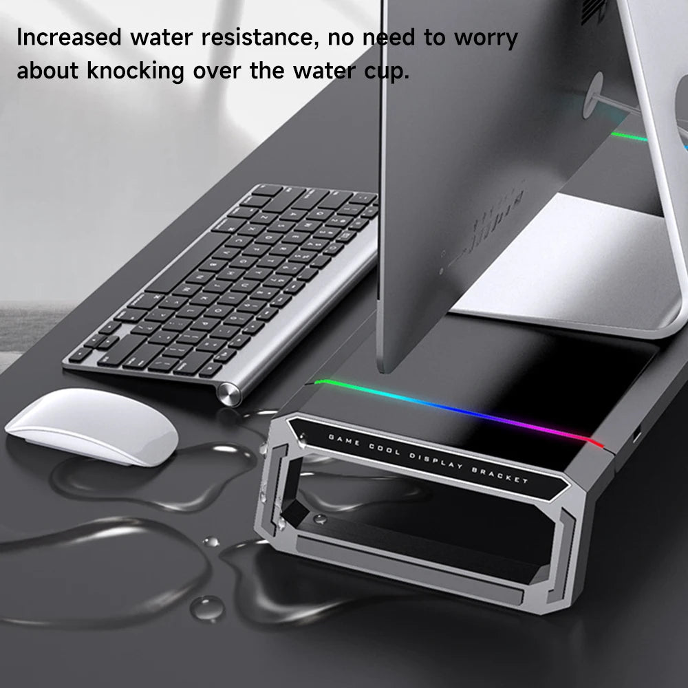 RGB Computer Support Desk Monitor Stand with Storage Drawer Phone Holder USB 2.0/3.0 Interface Ports Desktop Organizer Shelf