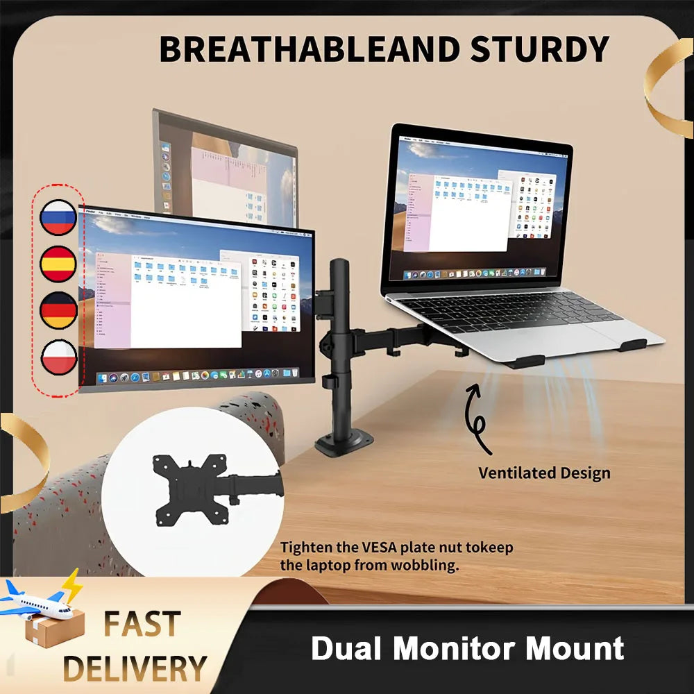 Laptop And Monitor Dual Stand with Clamp,Fully Adjustable Ergonomic Desk Stand for 13-27 Inch Screens, Heavy Duty Steel Arm, 8KG Load