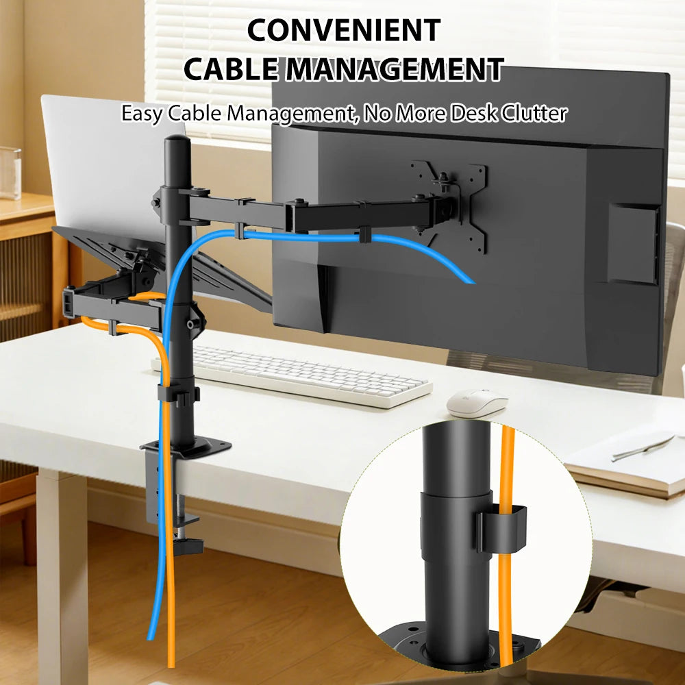 Laptop And Monitor Dual Stand with Clamp,Fully Adjustable Ergonomic Desk Stand for 13-27 Inch Screens, Heavy Duty Steel Arm, 8KG Load