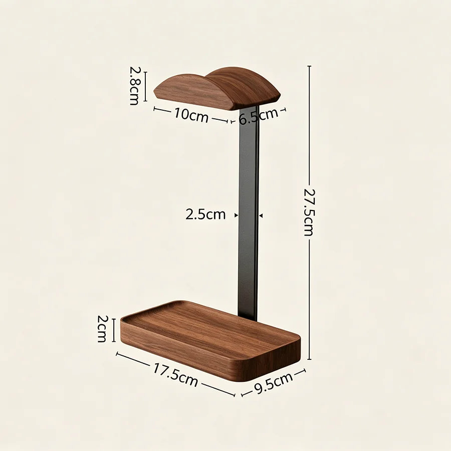 Solid Wood Headphones Stand Black Walnut+Aluminum Alloy Gaming Headset Holder Desktop Bracket Display Shelf with Storage Base
