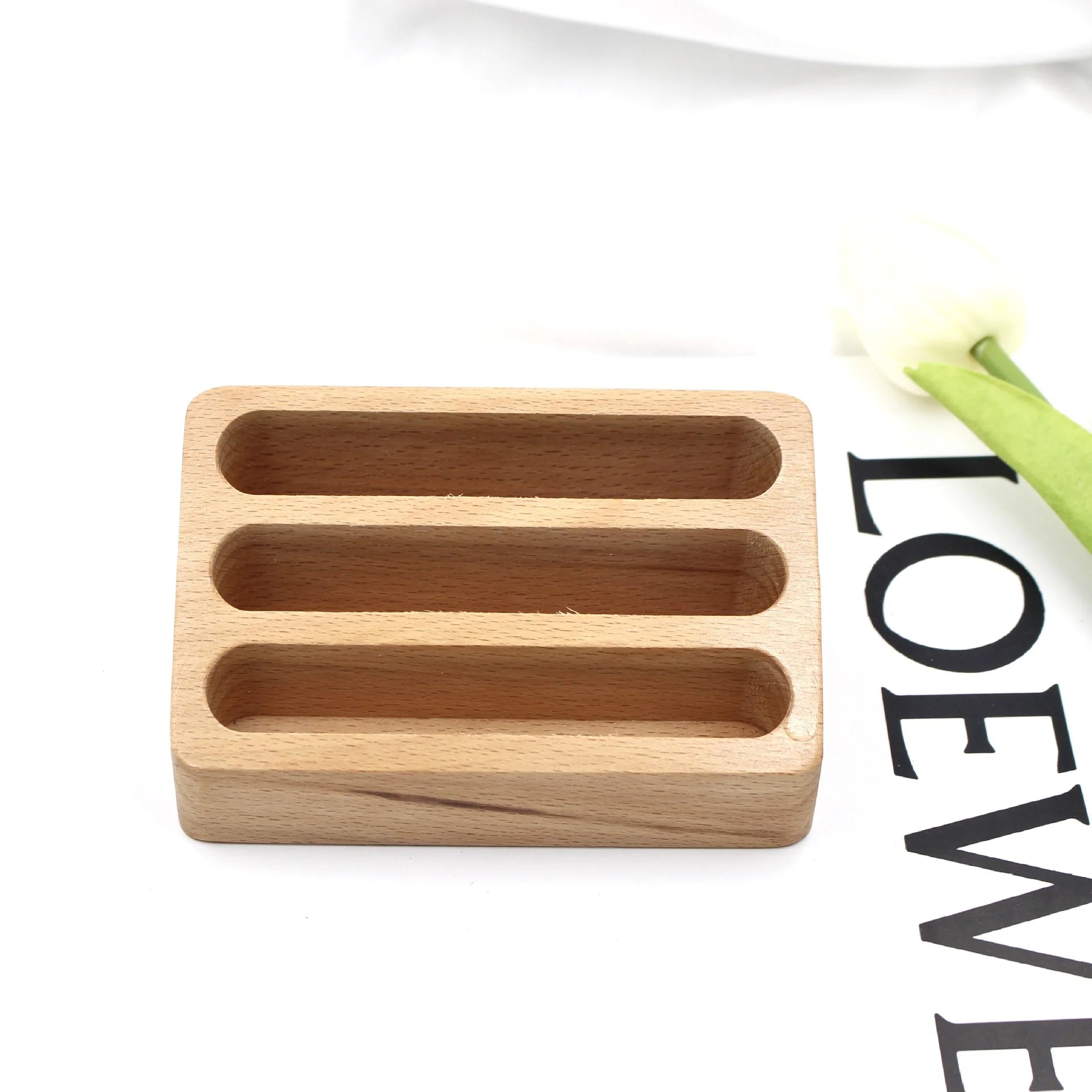 1Pcs Wooden Desktop Business Card Holder 3 Compartment Storage Box For Office Supplies Desk Accessories Organizer