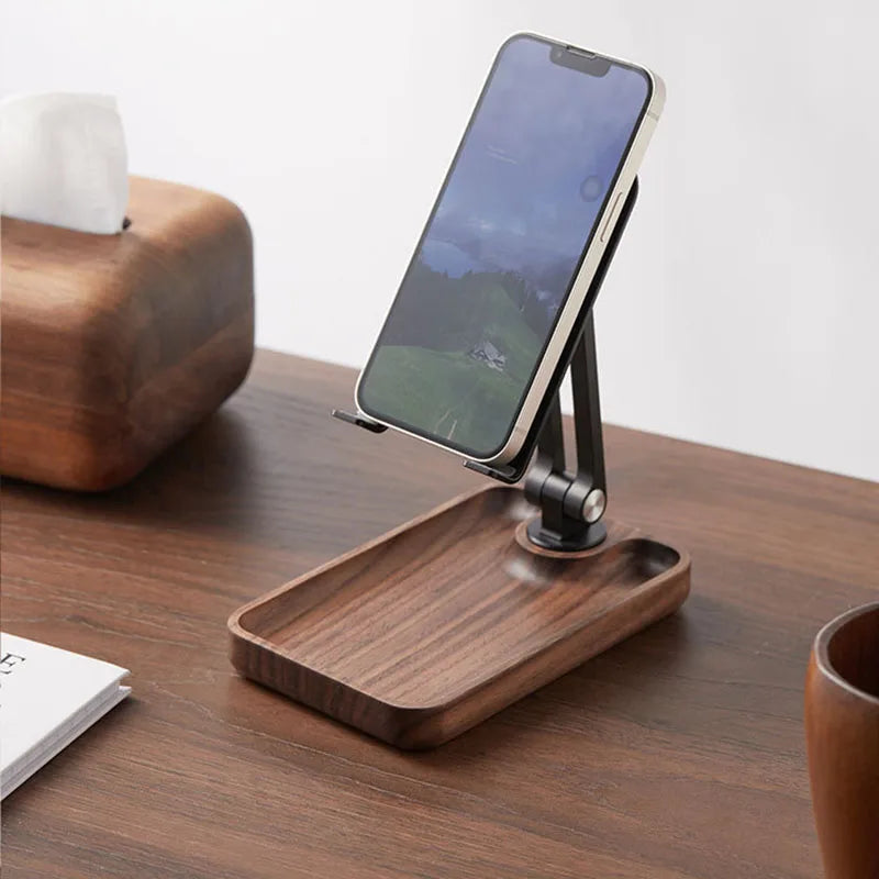 Black Walnut Wood Mobile Phone Stand Desktop for Watching Videos Live Broadcast Aluminum Alloy Rotating Folding Tablet Stand