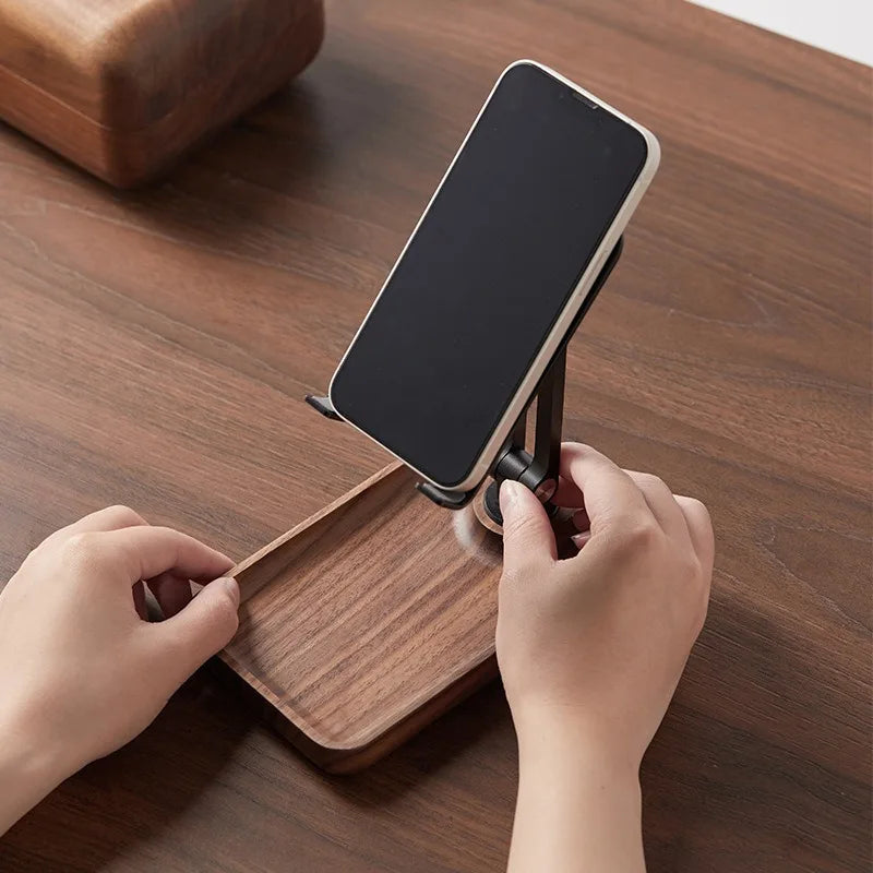 Black Walnut Wood Mobile Phone Stand Desktop for Watching Videos Live Broadcast Aluminum Alloy Rotating Folding Tablet Stand
