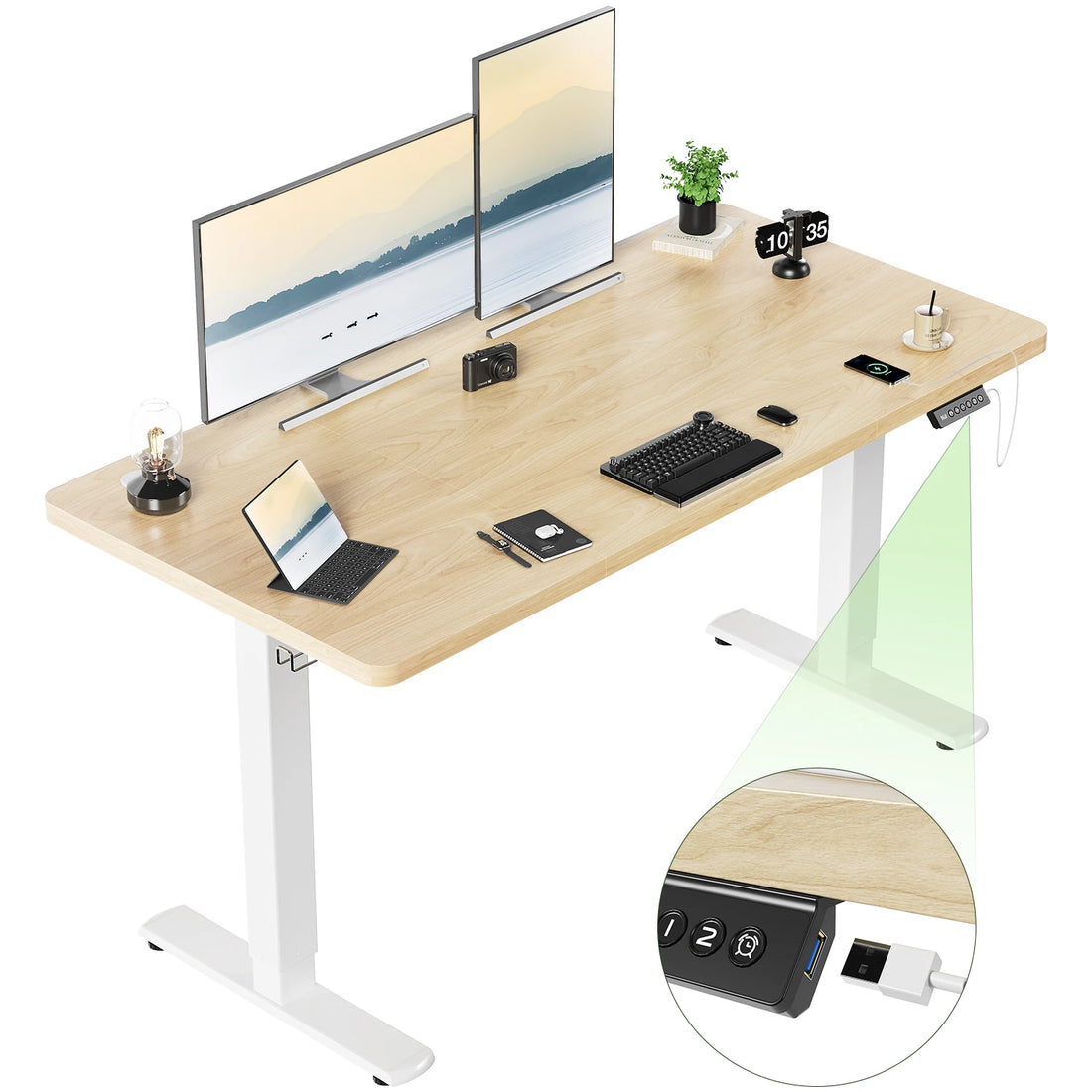 Devoko Height Adjustable Desk with USB Socket 140x60 cm Computer Standing Desk Ergonomic Home Office table