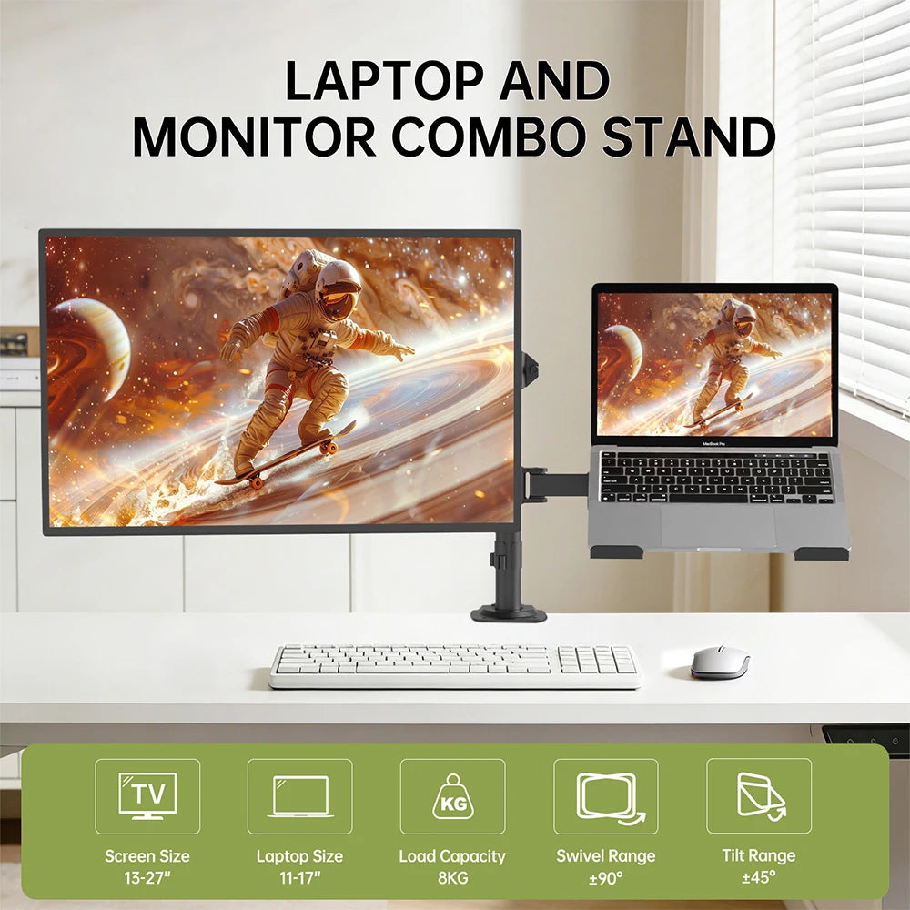 Laptop And Monitor Dual Stand with Clamp,Fully Adjustable Ergonomic Desk Stand for 13-27 Inch Screens, Heavy Duty Steel Arm, 8KG Load