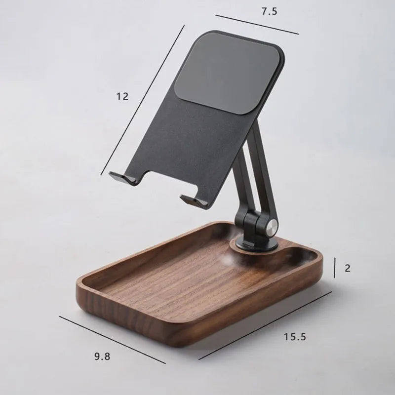 Black Walnut Wood Mobile Phone Stand Desktop for Watching Videos Live Broadcast Aluminum Alloy Rotating Folding Tablet Stand