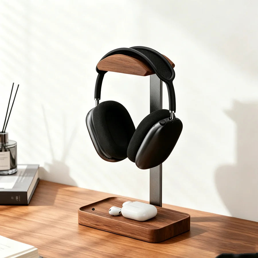 Solid Wood Headphones Stand Black Walnut+Aluminum Alloy Gaming Headset Holder Desktop Bracket Display Shelf with Storage Base