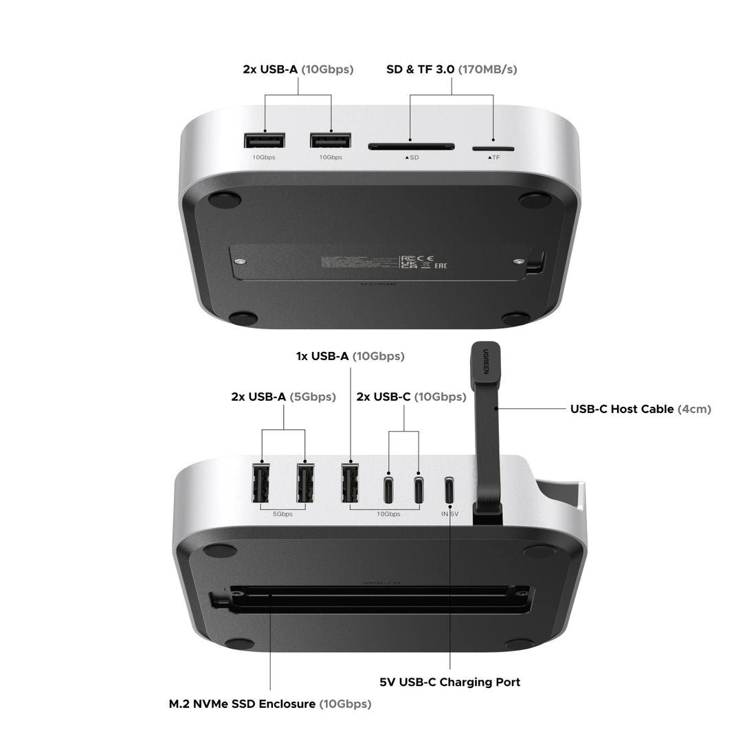 UGREEN USB HUB Docking Station for Mac Mini M4 M4 Pro M.2 NVMe SSD 8TB Max 10Gbps USB-A&C Ports SD&TF 170MB/s USB Splitter Dock