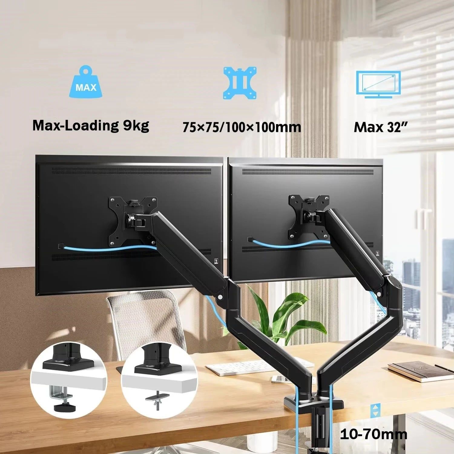 Dual Monitor Mount for 13″–32″ Screens, Adjustable Dual Monitor Stand, with 180° Swivel, Tilt, 360° Rotation for Home Office