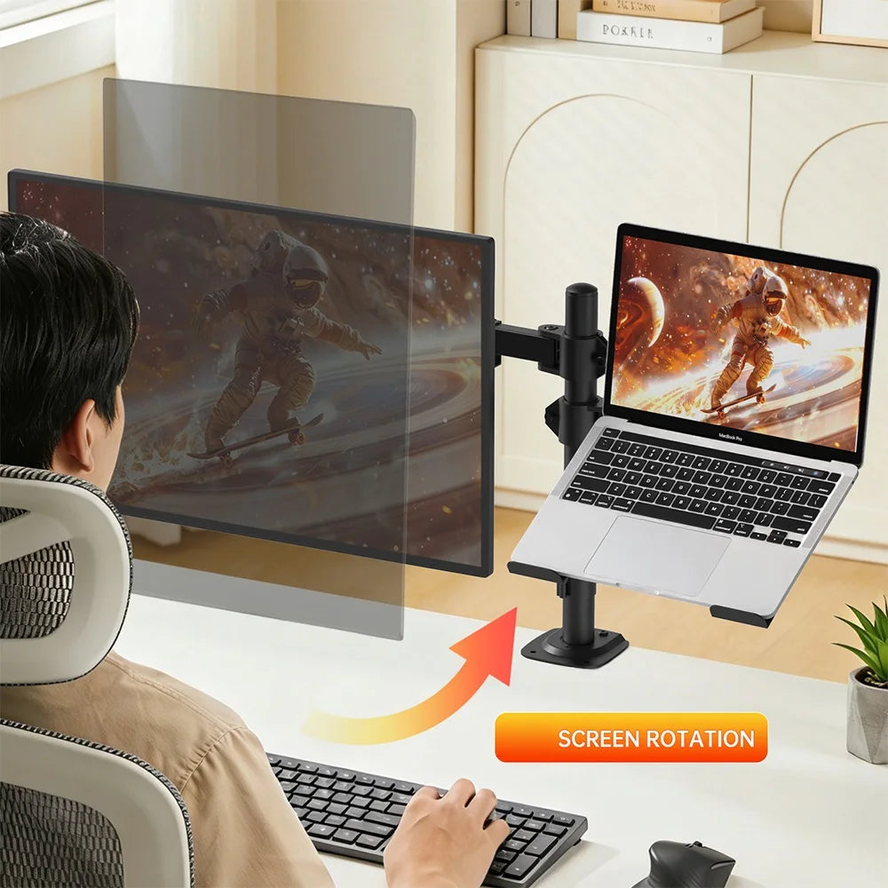 Laptop And Monitor Dual Stand with Clamp,Fully Adjustable Ergonomic Desk Stand for 13-27 Inch Screens, Heavy Duty Steel Arm, 8KG Load