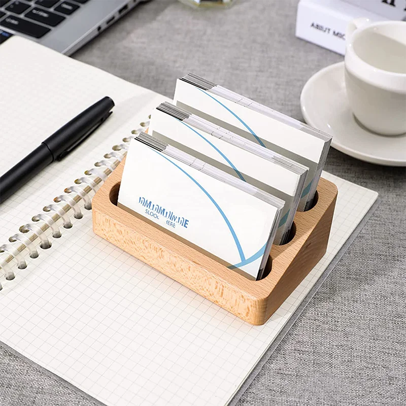1Pcs Wooden Desktop Business Card Holder 3 Compartment Storage Box For Office Supplies Desk Accessories Organizer