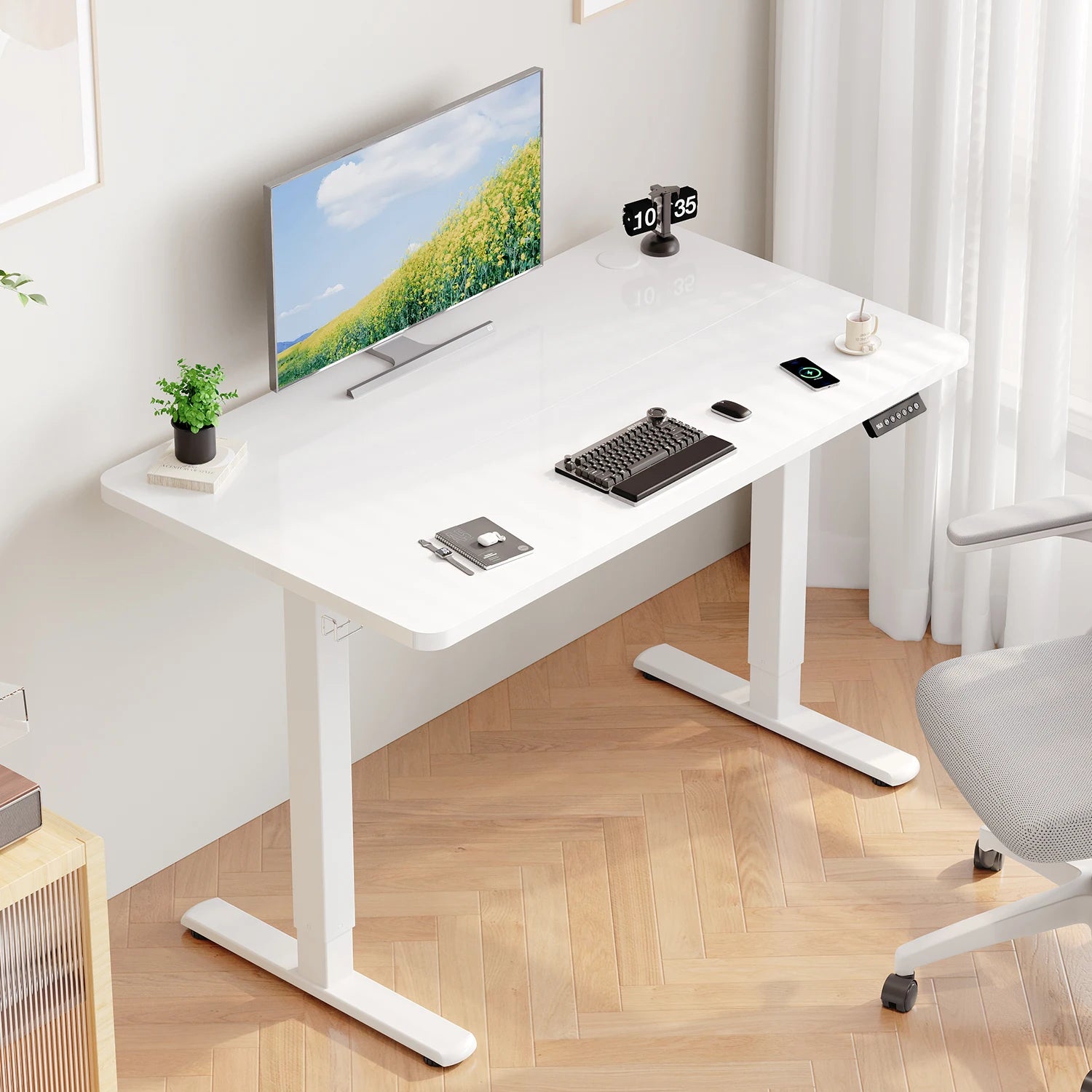 Devoko Height Adjustable Desk with USB Socket 140x60 cm Computer Standing Desk Ergonomic Home Office table