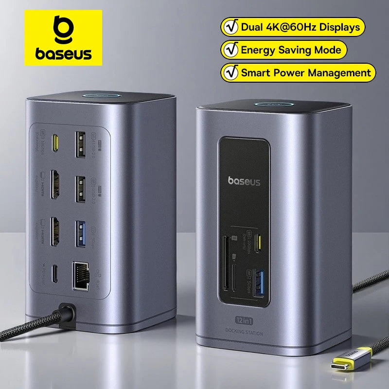 Baseus 12-in-1 USB C HUB to HDMI 4K@60Hz Dual Display USB 3.2 Adapter with RJ45 SD TF PD 100W Docking Station for Window Mac Hub