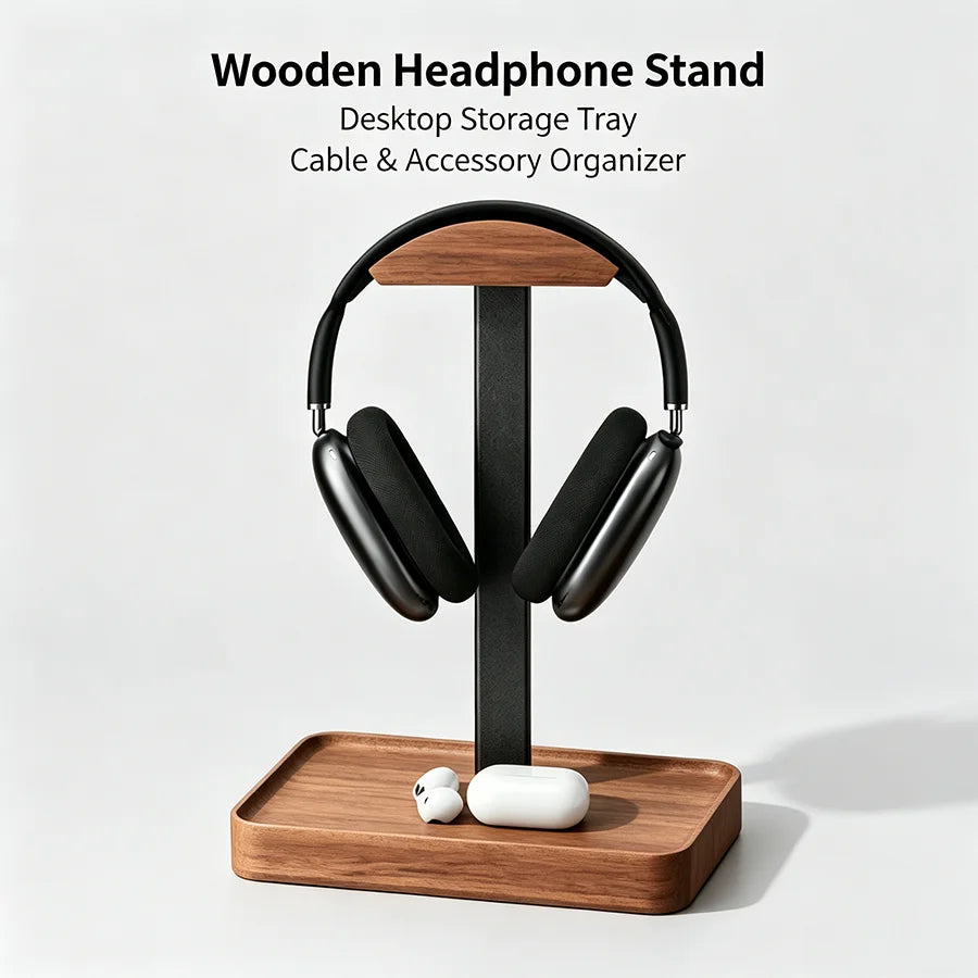 Solid Wood Headphones Stand Black Walnut+Aluminum Alloy Gaming Headset Holder Desktop Bracket Display Shelf with Storage Base