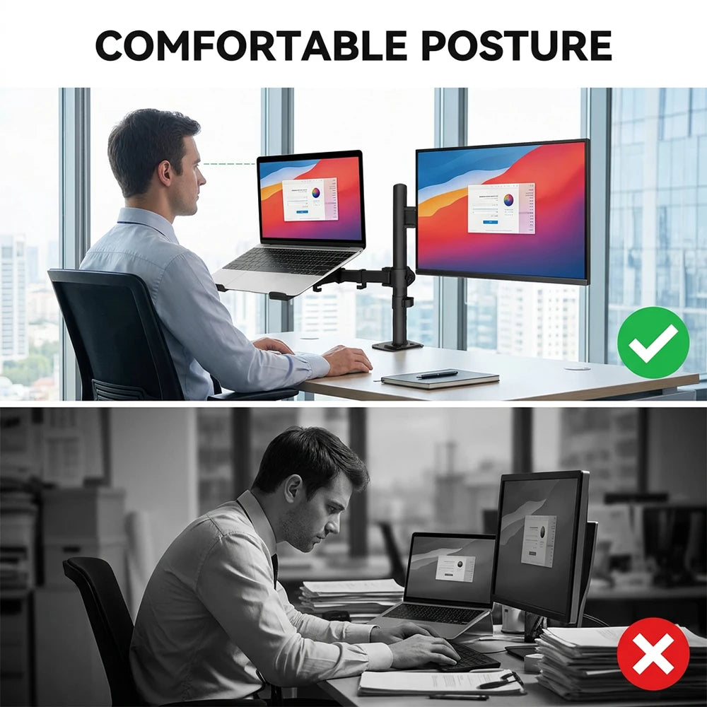 Laptop And Monitor Dual Stand with Clamp,Fully Adjustable Ergonomic Desk Stand for 13-27 Inch Screens, Heavy Duty Steel Arm, 8KG Load