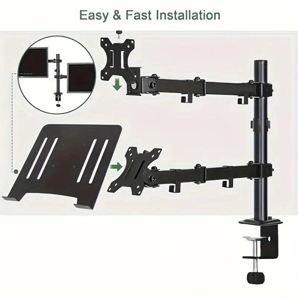 Laptop And Monitor Dual Stand with Clamp,Fully Adjustable Ergonomic Desk Stand for 13-27 Inch Screens, Heavy Duty Steel Arm, 8KG Load