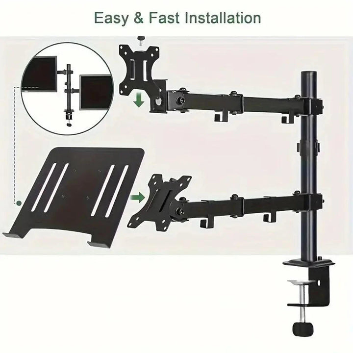 Laptop And Monitor Dual Stand with Clamp,Fully Adjustable Ergonomic Desk Stand for 13-27 Inch Screens, Heavy Duty Steel Arm, 8KG Load
