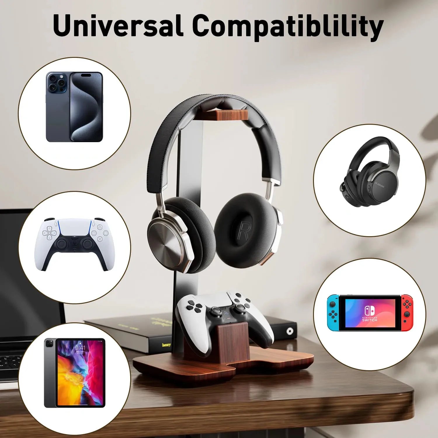 Universal Headphones Stand Controller Holder Walnut Wood+Aluminum Alloy Headset Earphones  Desktop Bracket Gamer Handle Hanger