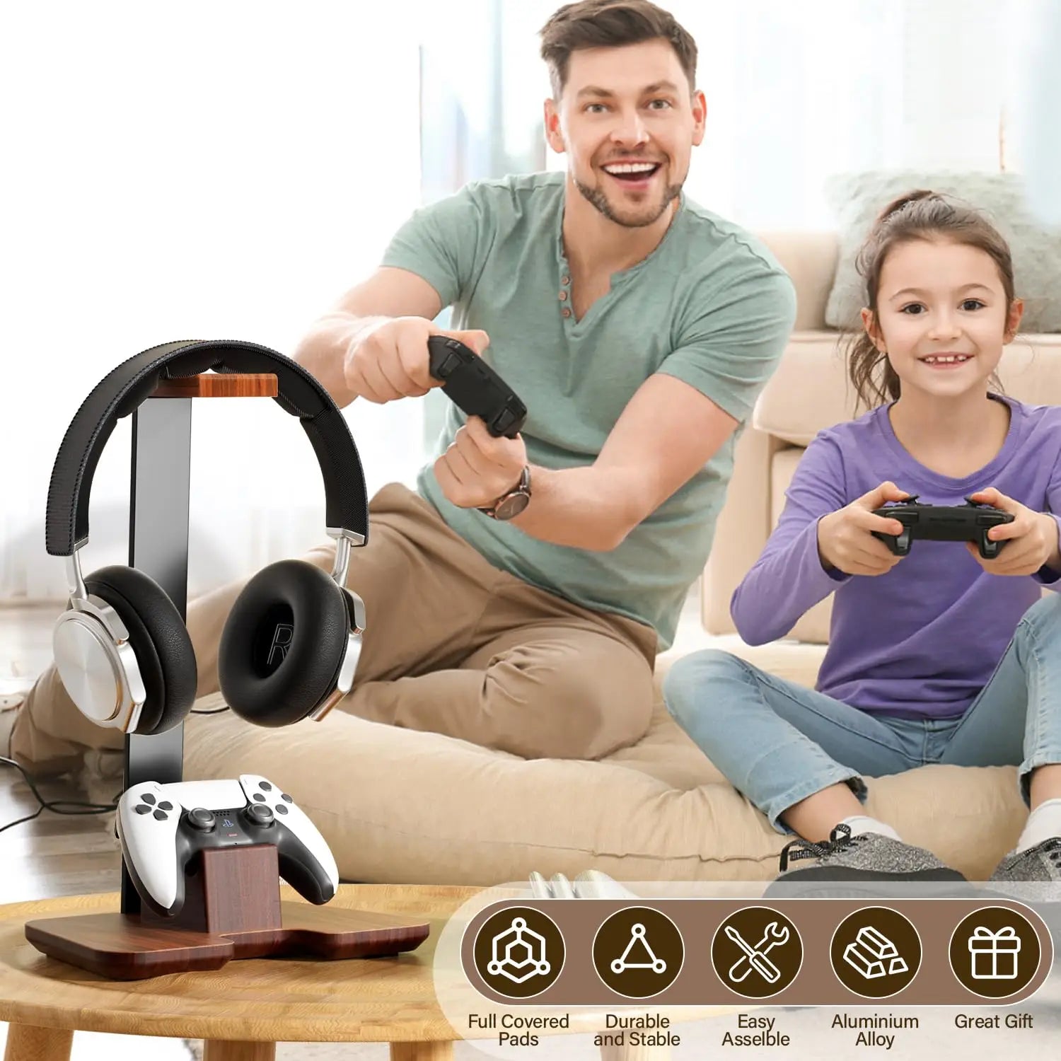 Universal Headphones Stand Controller Holder Walnut Wood+Aluminum Alloy Headset Earphones  Desktop Bracket Gamer Handle Hanger