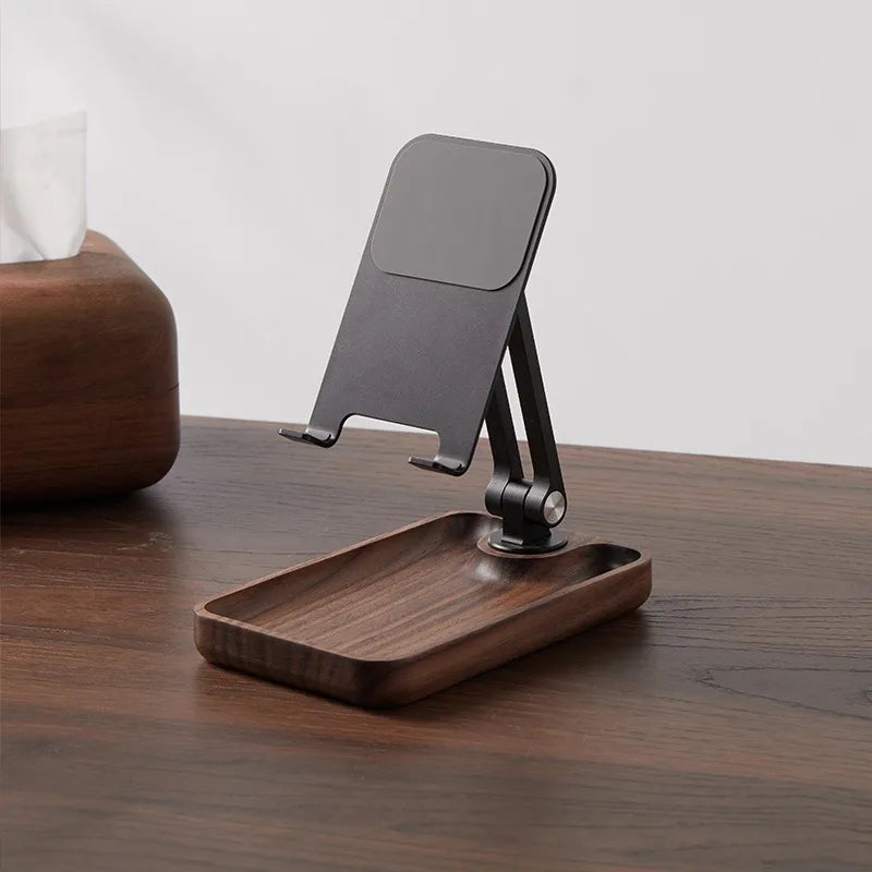 Black Walnut Wood Mobile Phone Stand Desktop for Watching Videos Live Broadcast Aluminum Alloy Rotating Folding Tablet Stand