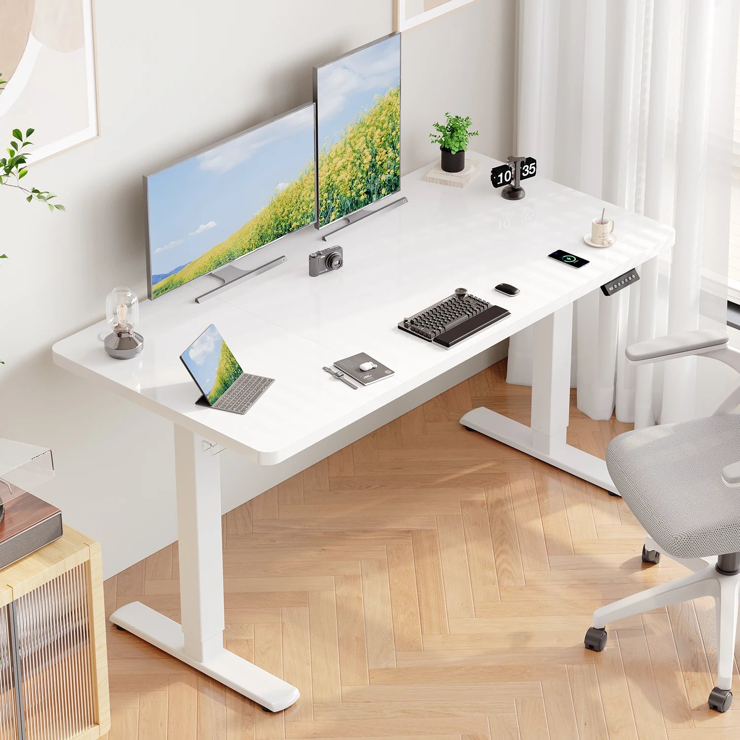 Devoko Height Adjustable Desk with USB Socket 140x60 cm Computer Standing Desk Ergonomic Home Office table