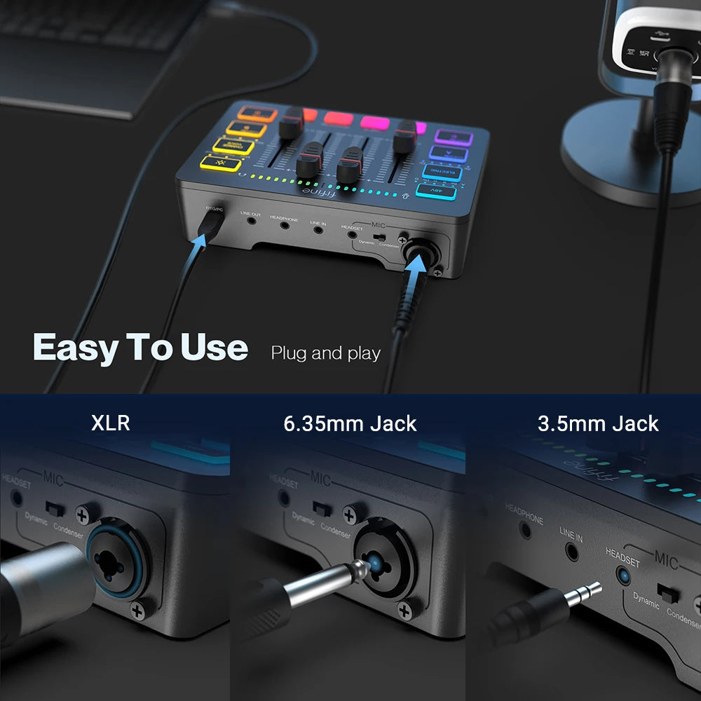 FIFINE USB Gaming Mixer With XLR Microphone Interface,48V Phantom Power,RGB, Sound Card for Podcasting Streaming AmpliGame SC3