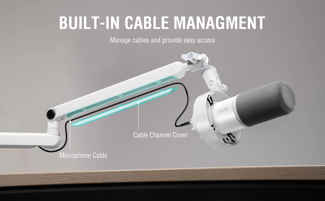 FIFINE Microphone Boom Arm, Adjustable Low Profile Mic Arm with Desk Mount Clamp,Cable Storage for Streaming Gaming-White BM88W