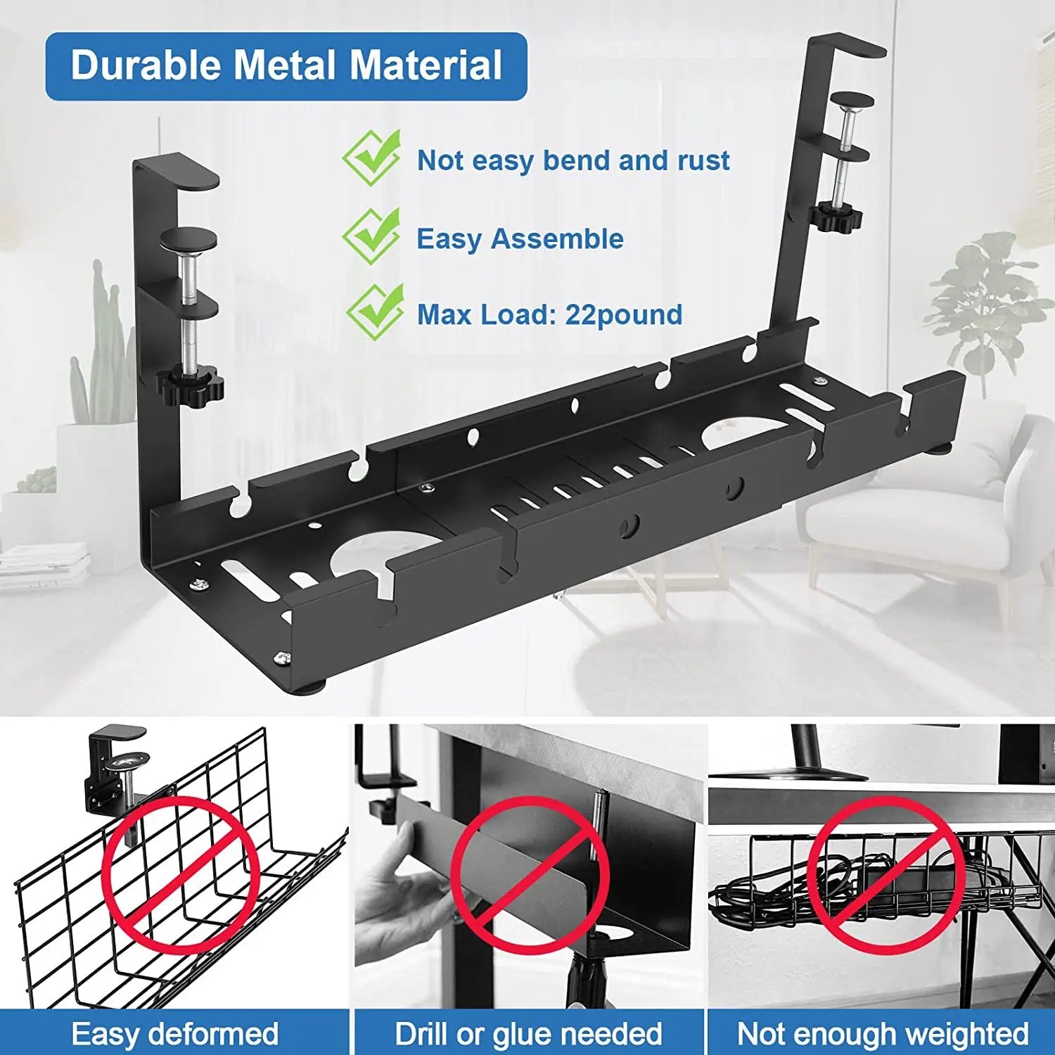 Telescopic Under Table Storage Rack Metal Cable Management Tray Home Office Desk Wire Organizer No Punching Storage Accessories