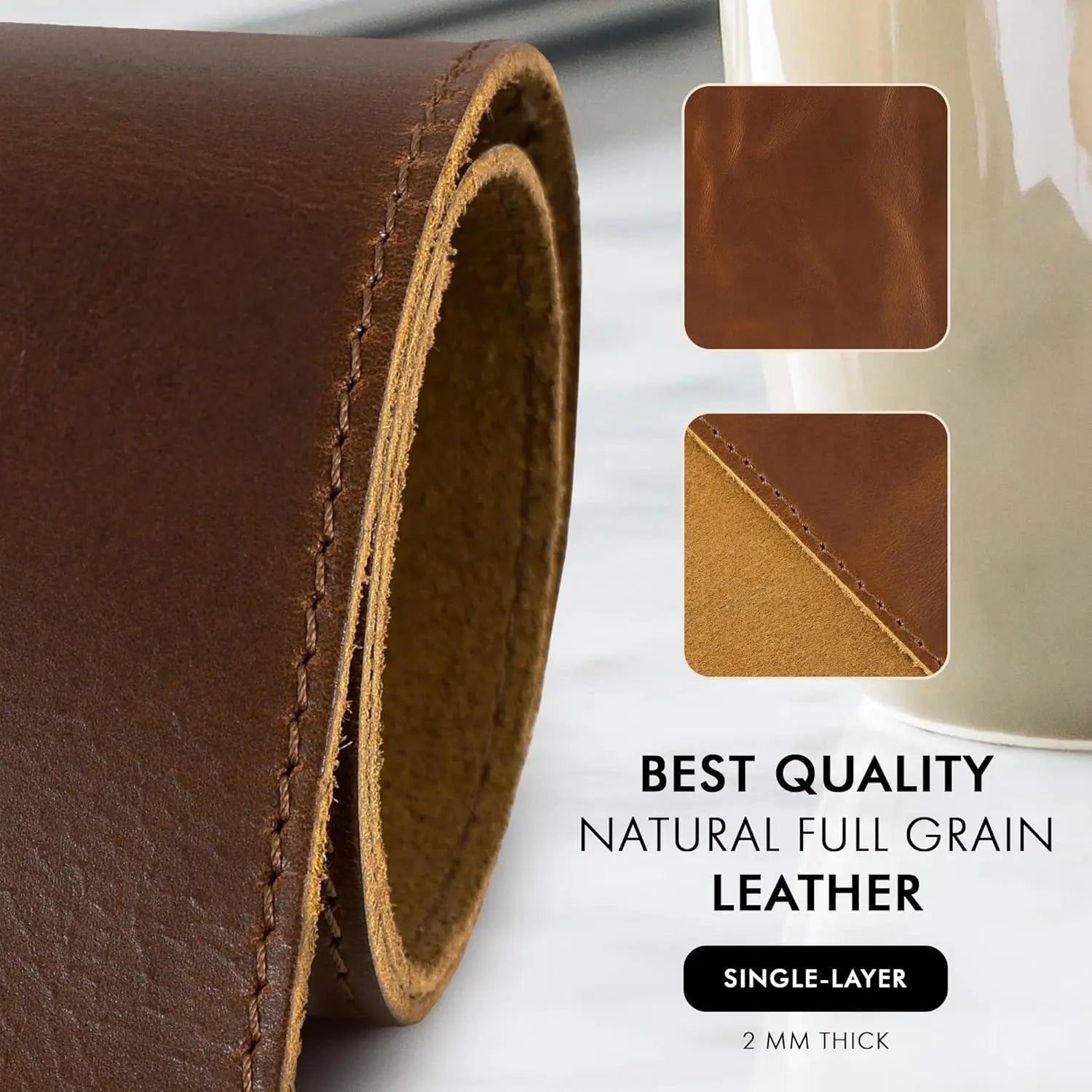 Real Leather Desk Pad, 2mm Thick Desk Blotter with Stitched Line, Oil-Wax Feel Mouse Pad and Self-Healing Laptop Pad for Office
