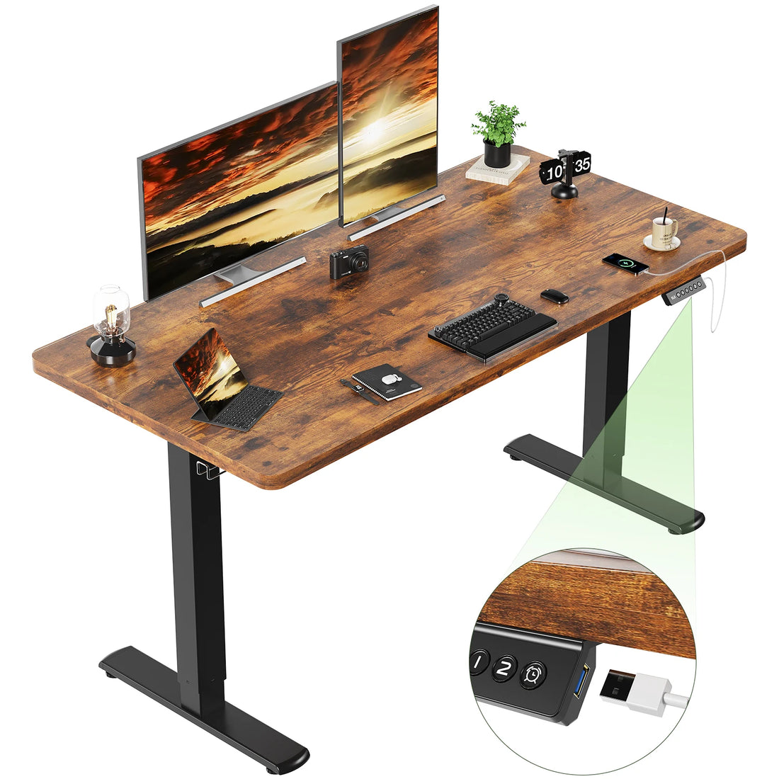 Devoko Height Adjustable Desk with USB Socket 140x60 cm Computer Standing Desk Ergonomic Home Office table