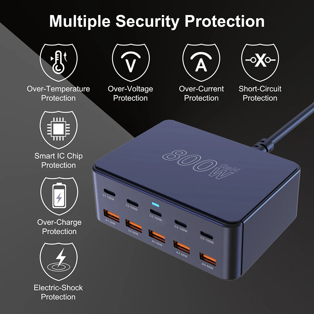 800W USB C GaN Charger 100W PD3.0 PPS QC3.0 Multiport Fast Charging Station for iPhone 15 16 Samsung Macbook Pro Laptops Tablets