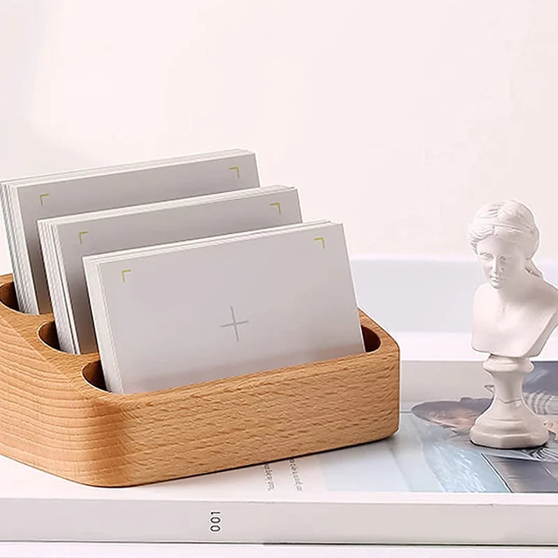 1Pcs Wooden Desktop Business Card Holder 3 Compartment Storage Box For Office Supplies Desk Accessories Organizer
