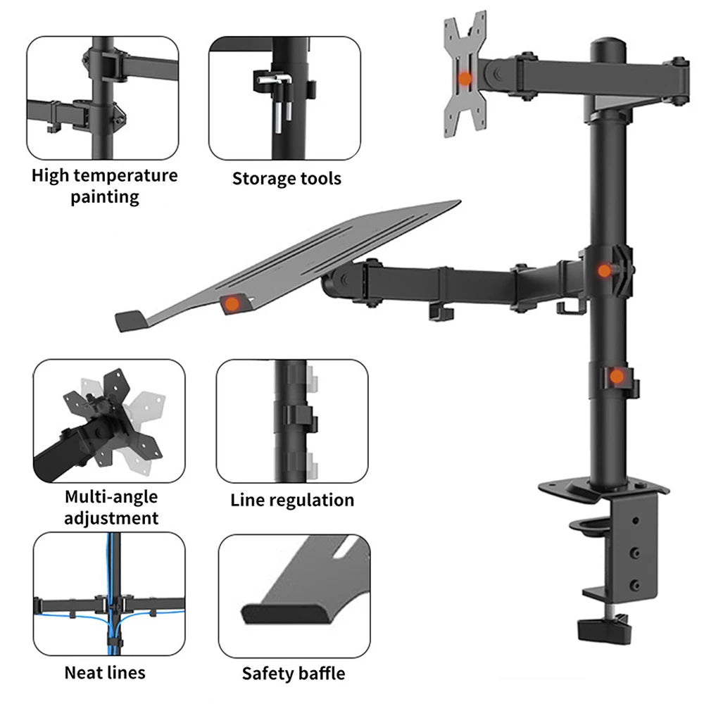 Laptop And Monitor Dual Stand with Clamp,Fully Adjustable Ergonomic Desk Stand for 13-27 Inch Screens, Heavy Duty Steel Arm, 8KG Load