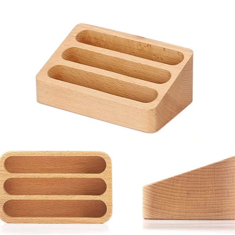 1Pcs Wooden Desktop Business Card Holder 3 Compartment Storage Box For Office Supplies Desk Accessories Organizer