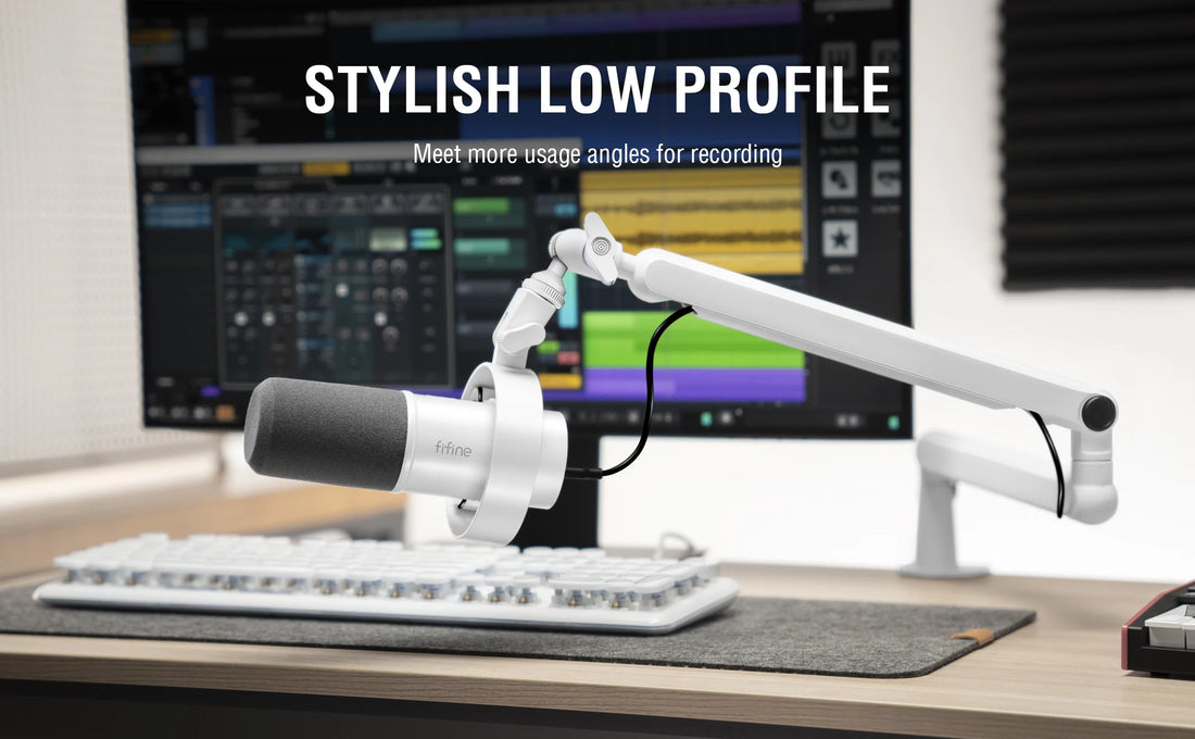 FIFINE Microphone Boom Arm, Adjustable Low Profile Mic Arm with Desk Mount Clamp,Cable Storage for Streaming Gaming-White BM88W