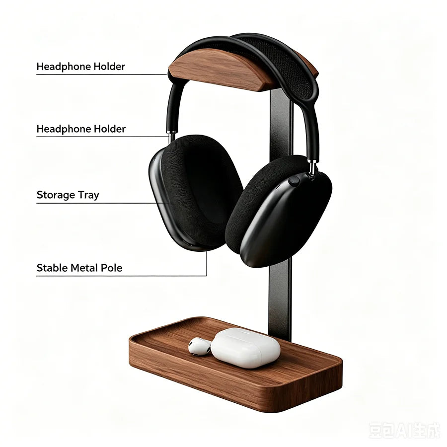 Solid Wood Headphones Stand Black Walnut+Aluminum Alloy Gaming Headset Holder Desktop Bracket Display Shelf with Storage Base