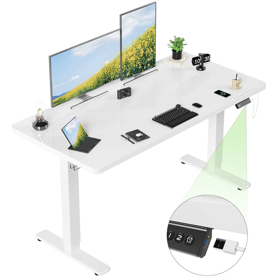 Devoko Height Adjustable Desk with USB Socket 140x60 cm Computer Standing Desk Ergonomic Home Office table
