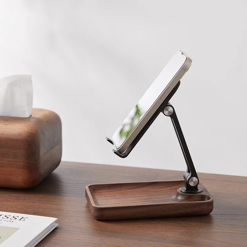 Black Walnut Wood Mobile Phone Stand Desktop for Watching Videos Live Broadcast Aluminum Alloy Rotating Folding Tablet Stand