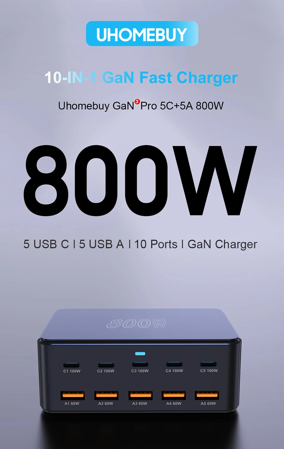 800W USB C GaN Charger 100W PD3.0 PPS QC3.0 Multiport Fast Charging Station for iPhone 15 16 Samsung Macbook Pro Laptops Tablets