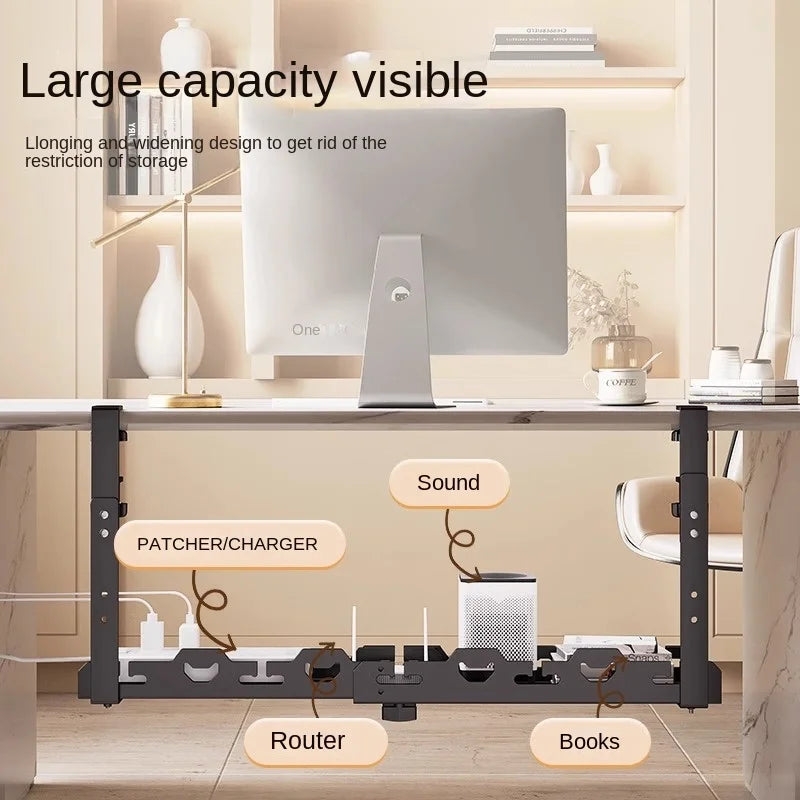 Telescopic Under Table Storage Rack Metal Cable Management Tray Home Office Desk Wire Organizer No Punching Storage Accessories